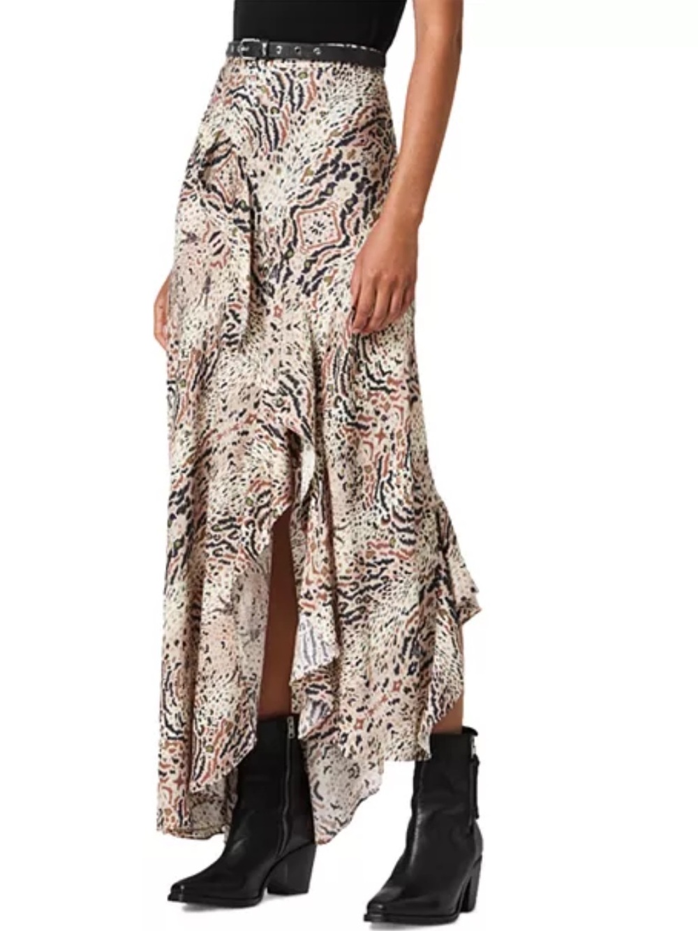 AllSaints Raya Arietta Animal Print Ruffle Asymmetric Maxi Skirt US 6